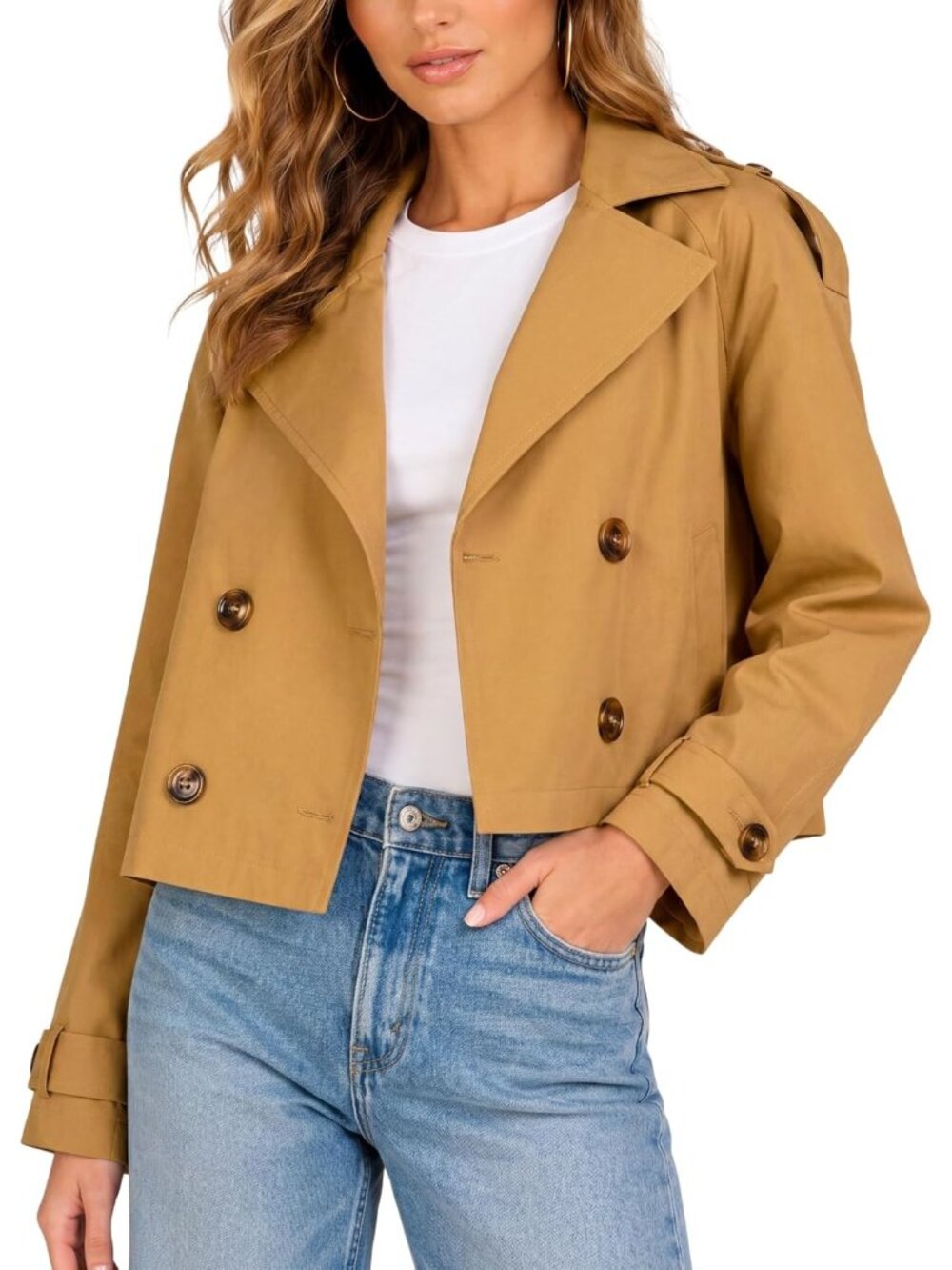 Steve Madden Women's Camel Oversized Cropped Double Breasted Trench Lapel Jacket